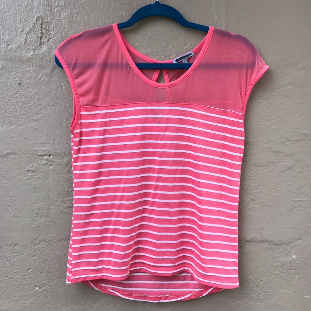 Coral and white striped shirt with sheer top